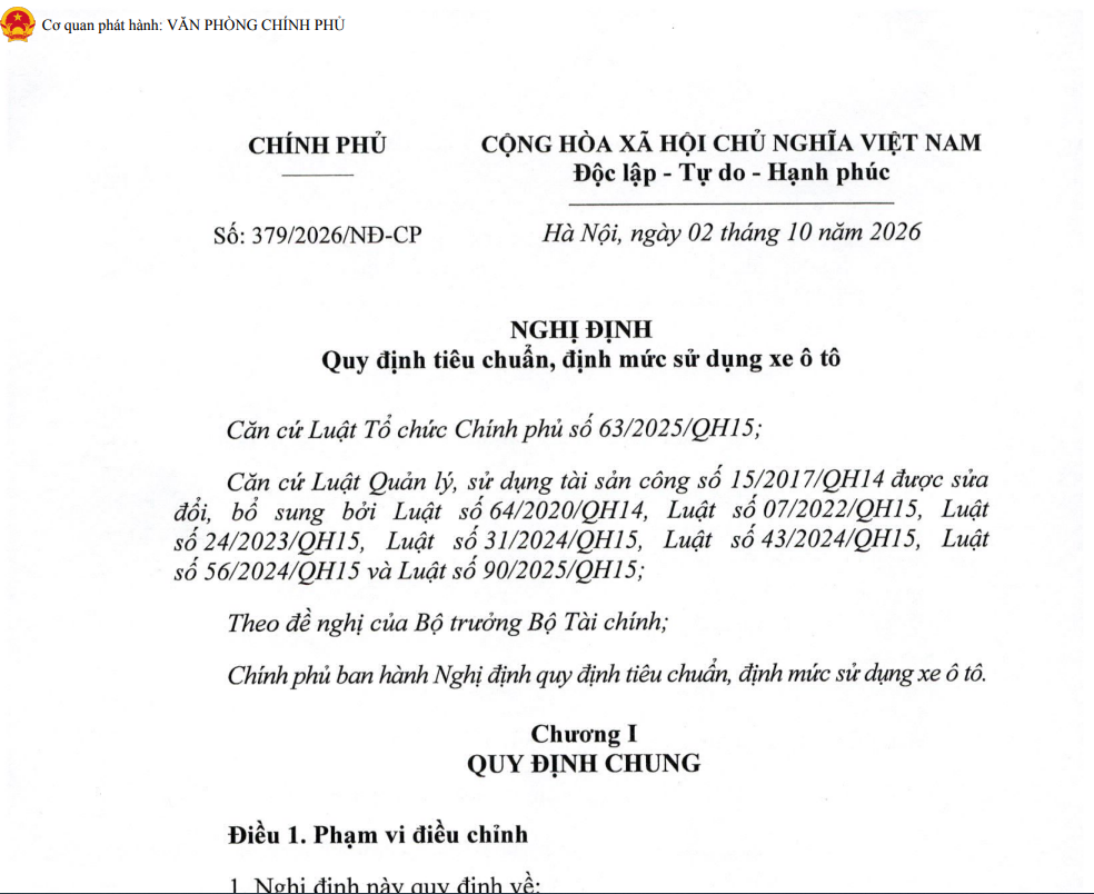 Quy định tiêu chuẩn, định mức sử dụng xe ô tô