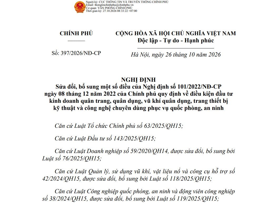 Quy định mới về điều kiện đầu tư kinh doanh quân trang, quân dụng, vũ khí quân dụng, trang thiết bị kỹ thuật và công nghệ chuyên dùng phục vụ quốc phòng, an ninh