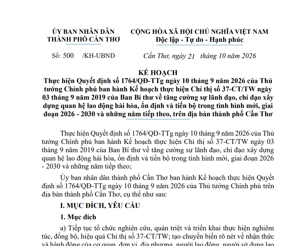 Quy định về tăng cường sự lãnh đạo, chỉ đạo xây dựng quan hệ lao động hài hòa, ổn định và tiến bộ trong tình hình mới, giai đoạn 2026 - 2030 và những năm tiếp theo, trên địa bàn thành phố Cần Thơ