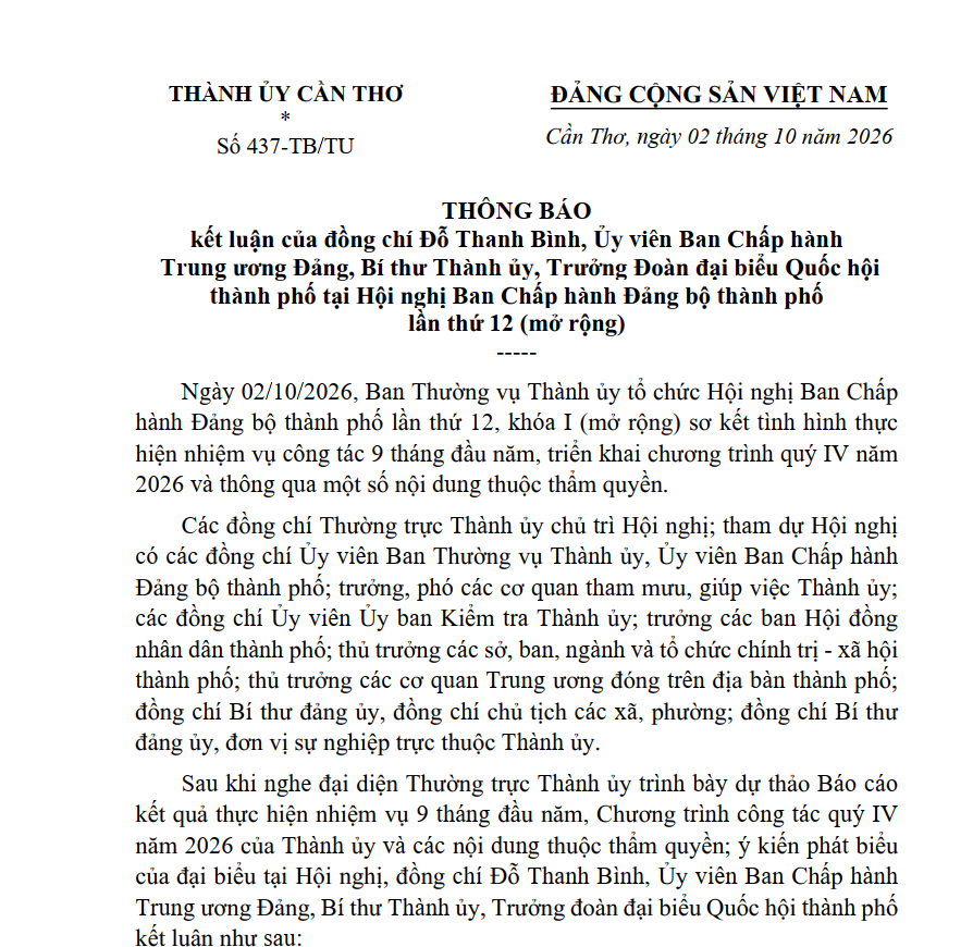 Triển khai thực hiện Thông báo số 437-TB/TU ngày 02 tháng 10 năm 2026 của Ban Thường vụ Thành ủy