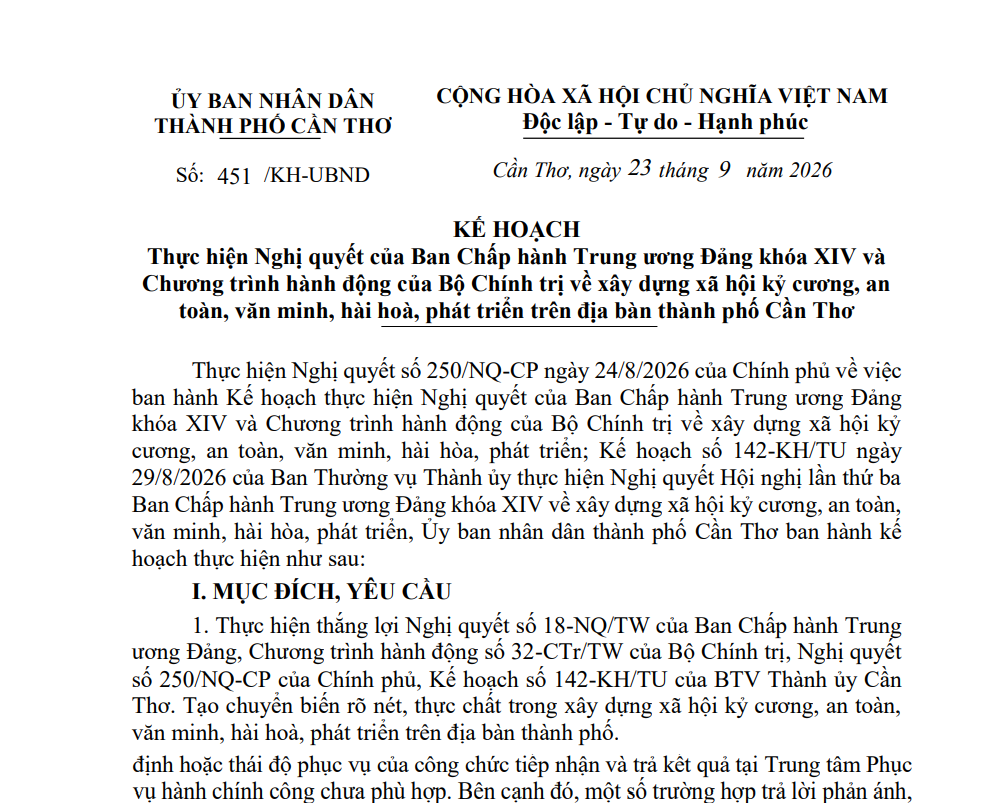Cần Thơ quy định về xây dựng xã hội kỷ cương, an toàn, văn minh, hài hoà, phát triển 