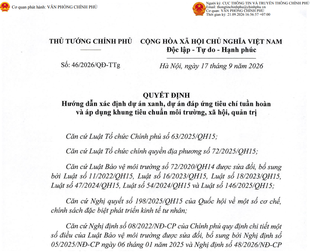 Triển khai thực hiện Quyết định số 46/2026/QĐ-TTg ngày 17/9/2026 của Thủ tướng Chính phủ hướng dẫn xác định dự án xanh, dự án đáp ứng tiêu chí tuần hoàn và áp dụng khung tiêu chuẩn môi trường, xã hội, quản trị