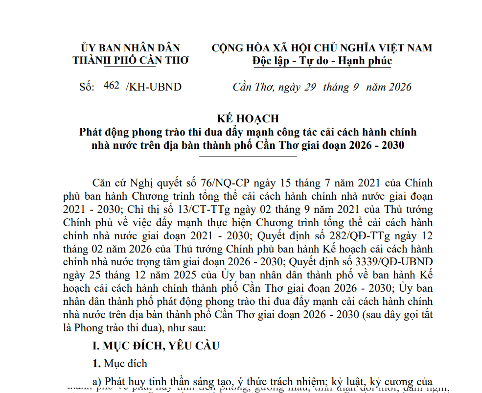 Cần Thơ quy định về phong trào thi đua đẩy mạnh công tác cải cách hành chính nhà nước giai đoạn 2026 – 2030