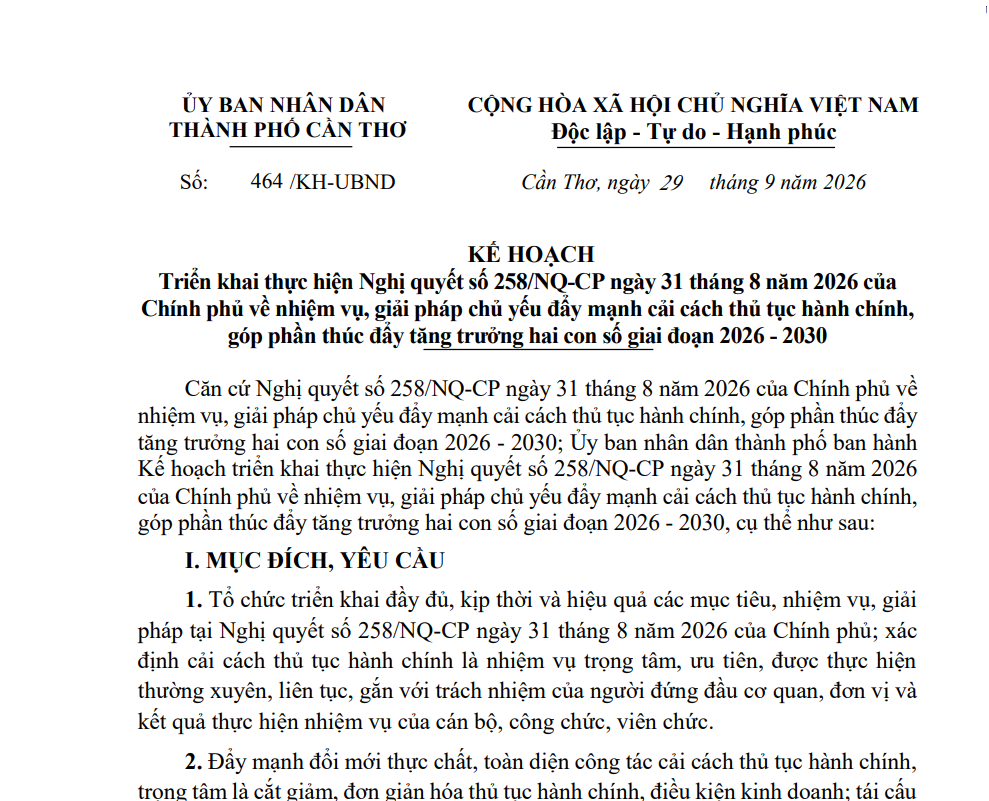 Cần Thơ quy định về nhiệm vụ, giải pháp chủ yếu đẩy mạnh cải cách thủ tục hành chính, góp phần thúc đẩy tăng trưởng hai con số giai đoạn 2026 – 2030