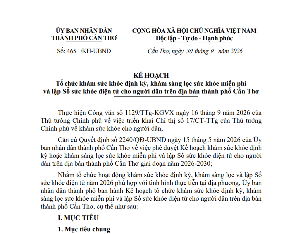 Cần Thơ quy định về tổ chức khám sức khỏe định kỳ, khám sàng lọc sức khỏe miễn phí và lập Sổ sức khỏe điện tử cho người dân