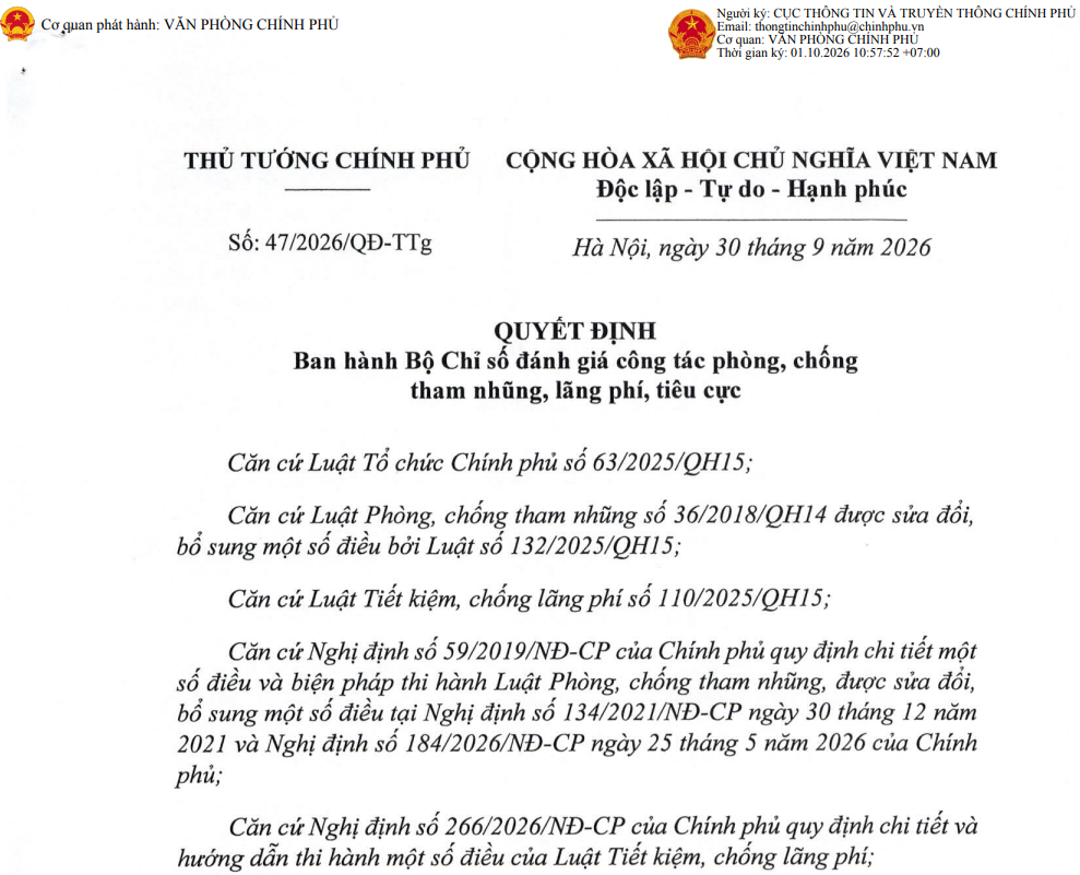 Ban hành Bộ Chỉ số đánh giá công tác phòng, chống tham nhũng, lãng phí, tiêu cực