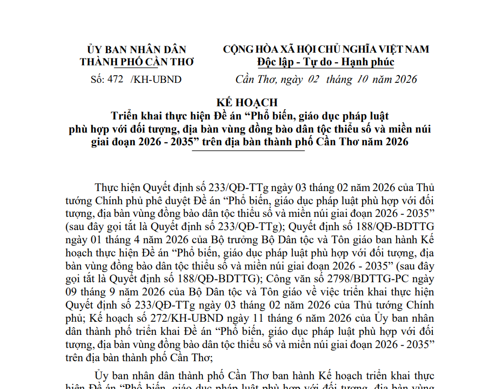 Cần Thơ quy định thực hiện Đề án “Phổ biến, giáo dục pháp luật phù hợp với đối tượng, địa bàn vùng đồng bào dân tộc thiểu số và miền núi giai đoạn 2026 - 2035” năm 2026