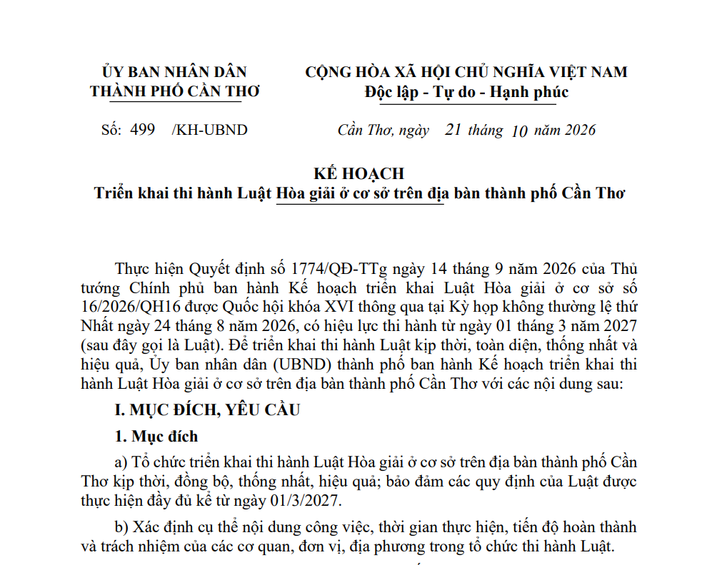 Quy định triển khai thi hành Luật Hòa giải ở cơ sở trên địa bàn thành phố Cần Thơ