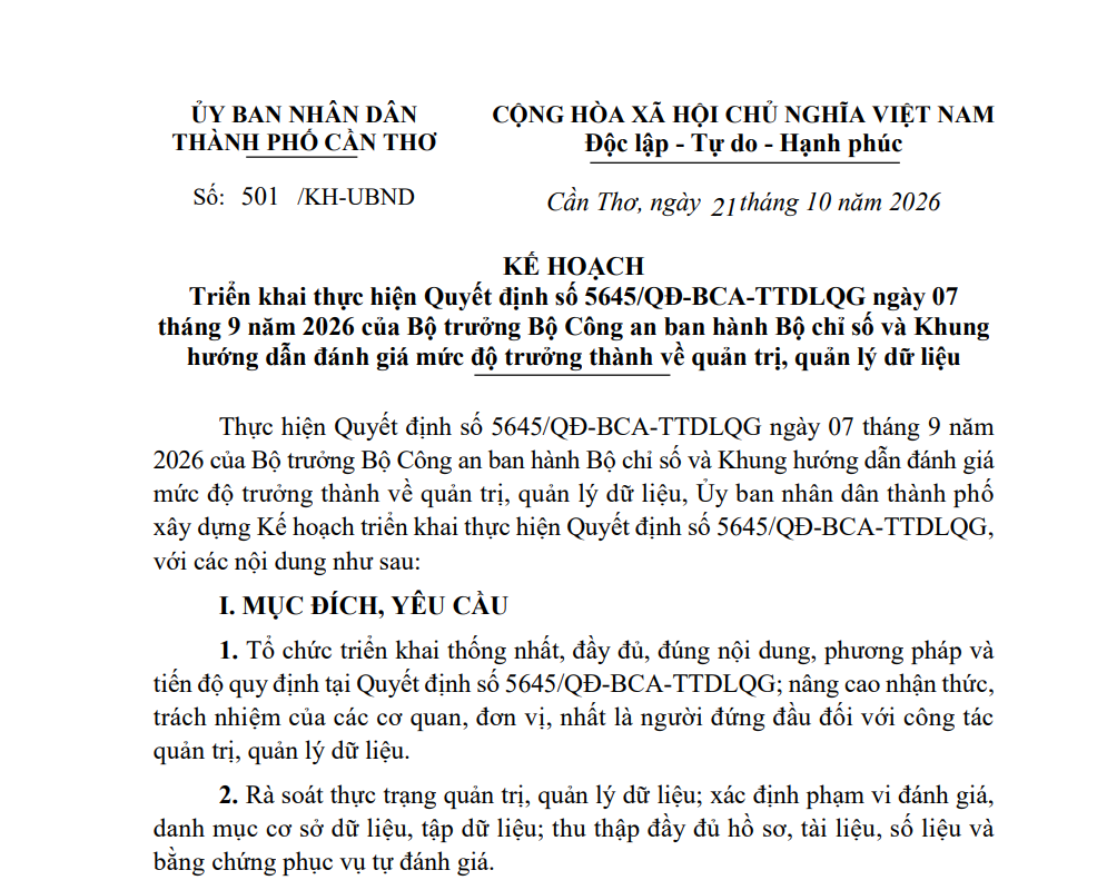 Cần Thơ quy định triển khai thực hiện Quyết định số 5645/QĐ-BCA-TTDLQG ngày 07 tháng 9 năm 2026 của Bộ trưởng Bộ Công an ban hành Bộ chỉ số và Khung hướng dẫn đánh giá mức độ trưởng thành về quản trị, quản lý dữ liệu