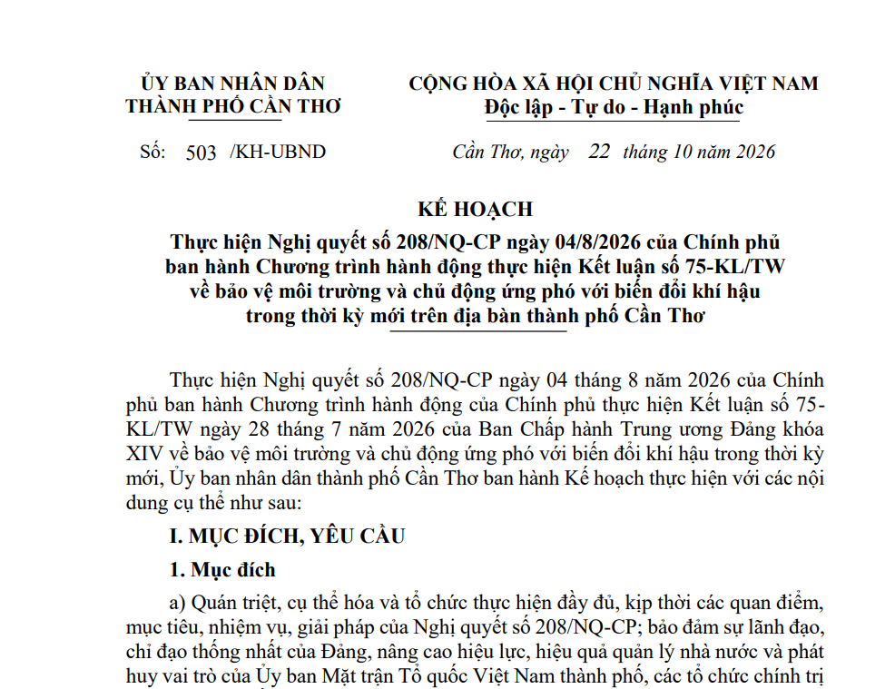 Quy định về bảo vệ môi trường và chủ động ứng phó với biến đổi khí hậu trong thời kỳ mới trên địa bàn thành phố Cần Thơ