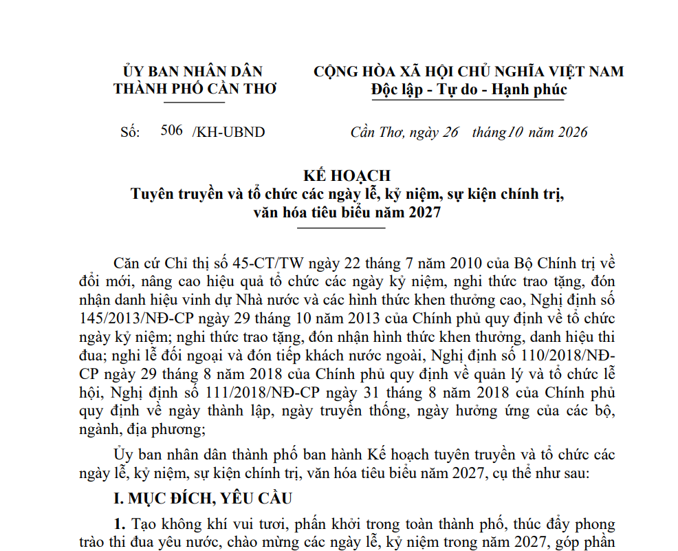 Cần Thơ tuyên truyền và tổ chức các ngày lễ, kỷ niệm, sự kiện chính trị, văn hóa tiêu biểu năm 2027