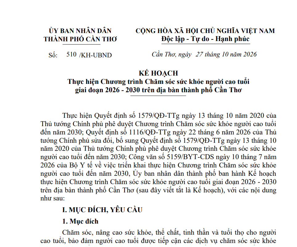 Cần Thơ quy định thực hiện Chương trình Chăm sóc sức khỏe người cao tuổi giai đoạn 2026 - 2030