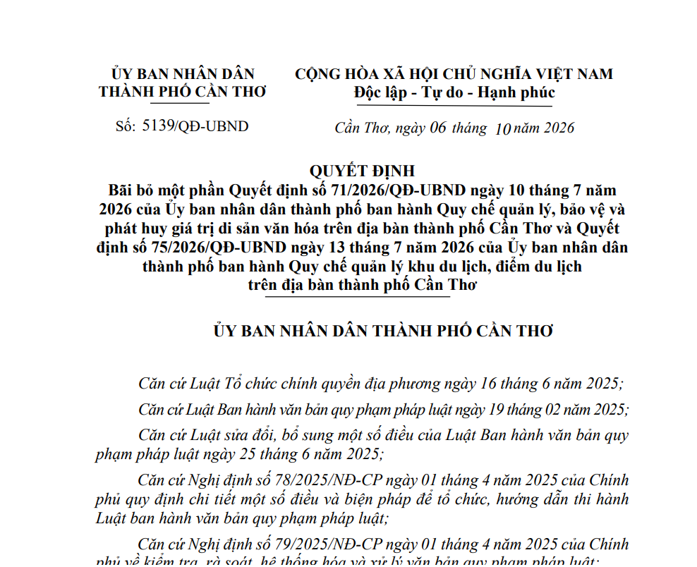 Triển khai Quyết định số 5139/QĐ-UBND ngày 06/10/2026 của UBND thành phố Cần Thơ