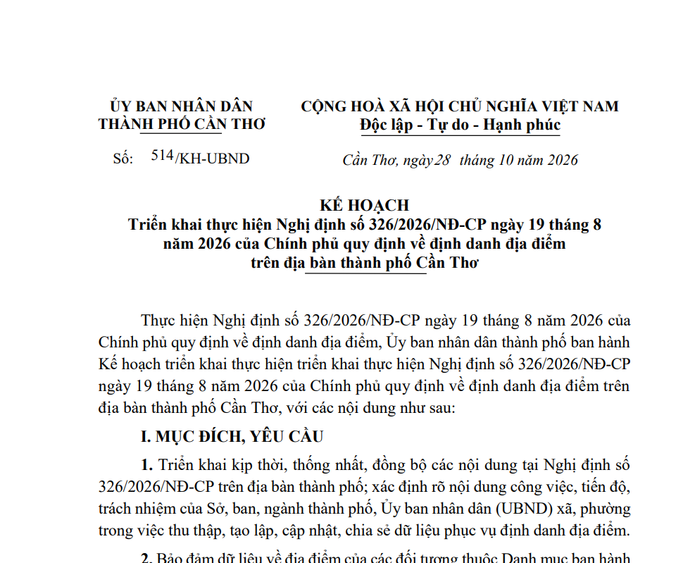 Cần Thơ triển khai thực hiện Nghị định số 326/2026/NĐ-CP ngày 19 tháng 8 năm 2026 của Chính phủ quy định về định danh địa điểm 