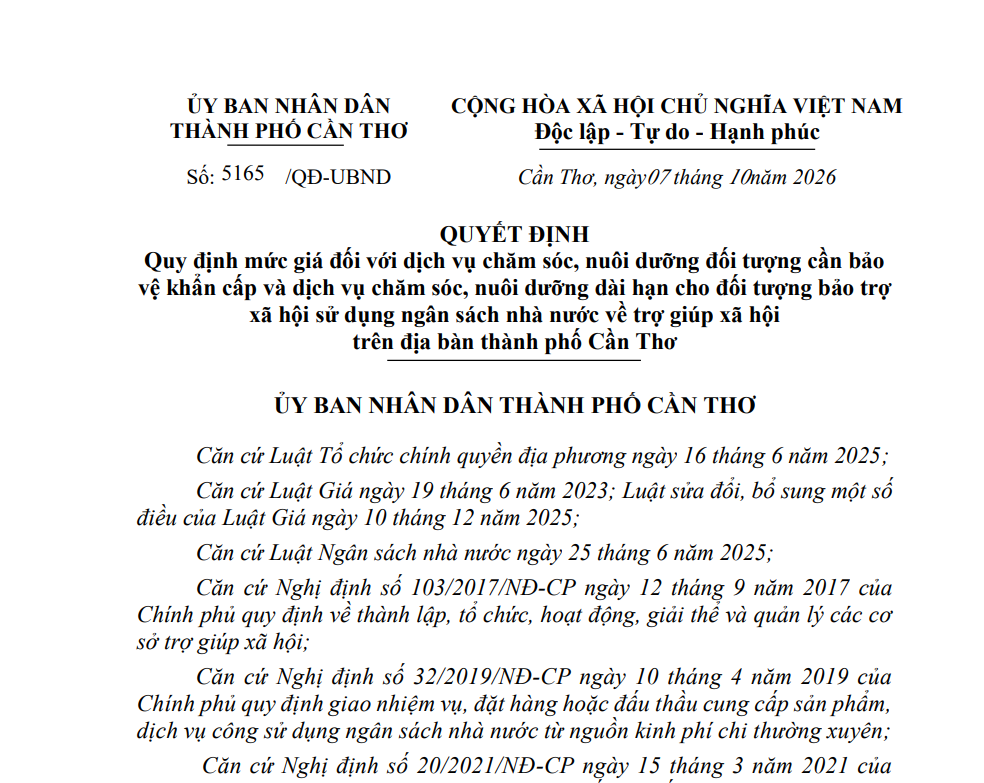 Cần Thơ quy định mức giá đối với dịch vụ chăm sóc, nuôi dưỡng đối tượng cần bảo vệ khẩn cấp và dịch vụ chăm sóc, nuôi dưỡng dài hạn cho đối tượng bảo trợ xã hội sử dụng ngân sách nhà nước về trợ giúp xã hội 