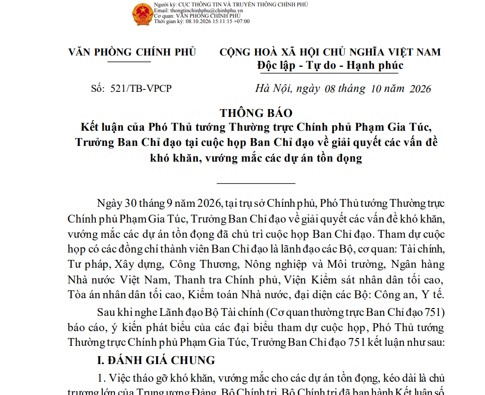 Triển khai thực hiện kết luận của Phó Thủ tướng Thường trực Chính phủ (Thông báo số 521/TB-VPCP ngày 08/10/2026 của Văn phòng Chính phủ)