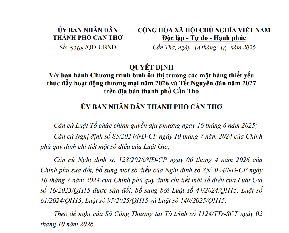 Cần Thơ ban hành Chương trình bình ổn thị trường các mặt hàng thiết yếu thúc đẩy hoạt động thương mại năm 2026 và Tết Nguyên đán năm 2027