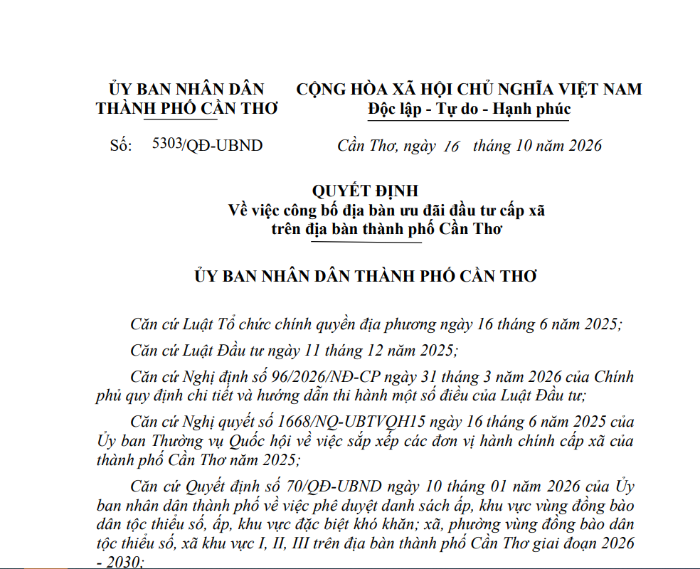 Quy định công bố địa bàn ưu đãi đầu tư cấp xã trên địa bàn thành phố Cần Thơ
