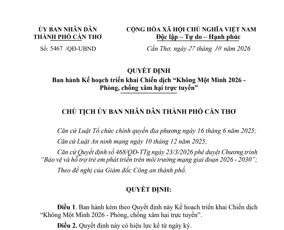Quy định triển khai Chiến dịch “Không Một Mình 2026 -  Phòng, chống xâm hại trực tuyến”