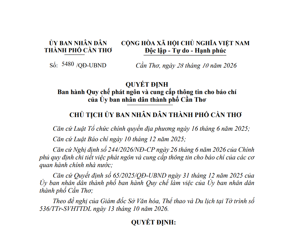 Quy chế phát ngôn và cung cấp thông tin cho báo chí của Ủy ban nhân dân thành phố Cần Thơ