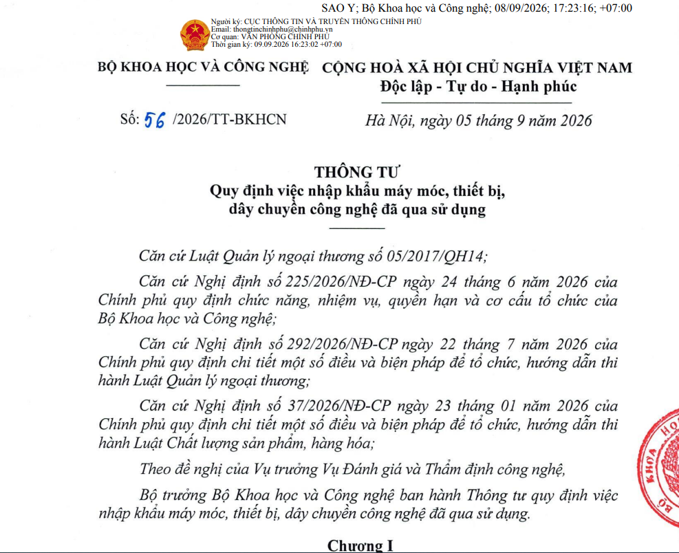 Triển khai thực hiện Thông tư số 56/2026/TT-BKHCN ngày 05/9/2026 của Bộ trưởng Bộ Khoa học và Công nghệ