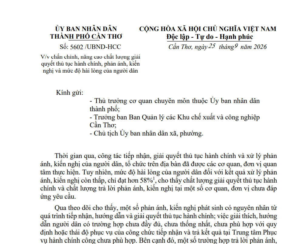 Công văn số 5602/UBND-HCC ngày 25/9/2026 của UBND thành phố Cần Thơ