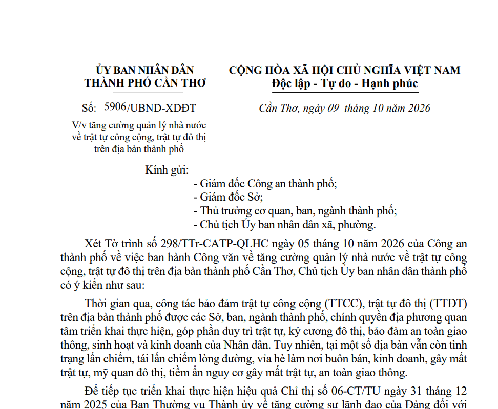 Tăng cường quản lý nhà nước về trật tự công cộng, trật tự đô thị trên địa bàn thành phố Cần Thơ
