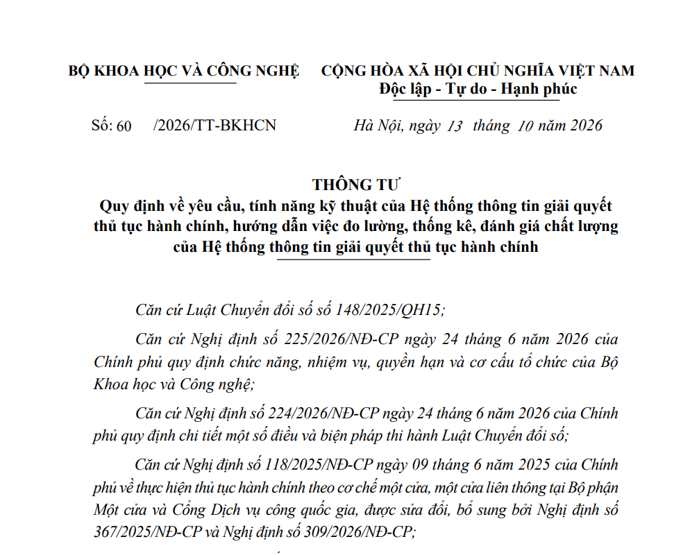 Quy định về yêu cầu, tính năng kỹ thuật của Hệ thống thông tin giải quyết thủ tục hành chính, hướng dẫn việc đo lường, thống kê, đánh giá chất lượng của Hệ thống thông tin giải quyết thủ tục hành chính