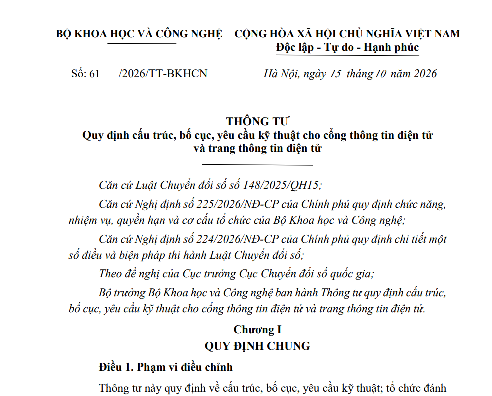 Quy định cấu trúc, bố cục, yêu cầu kỹ thuật cho cổng thông tin điện tử và tran thông tin điện tử
