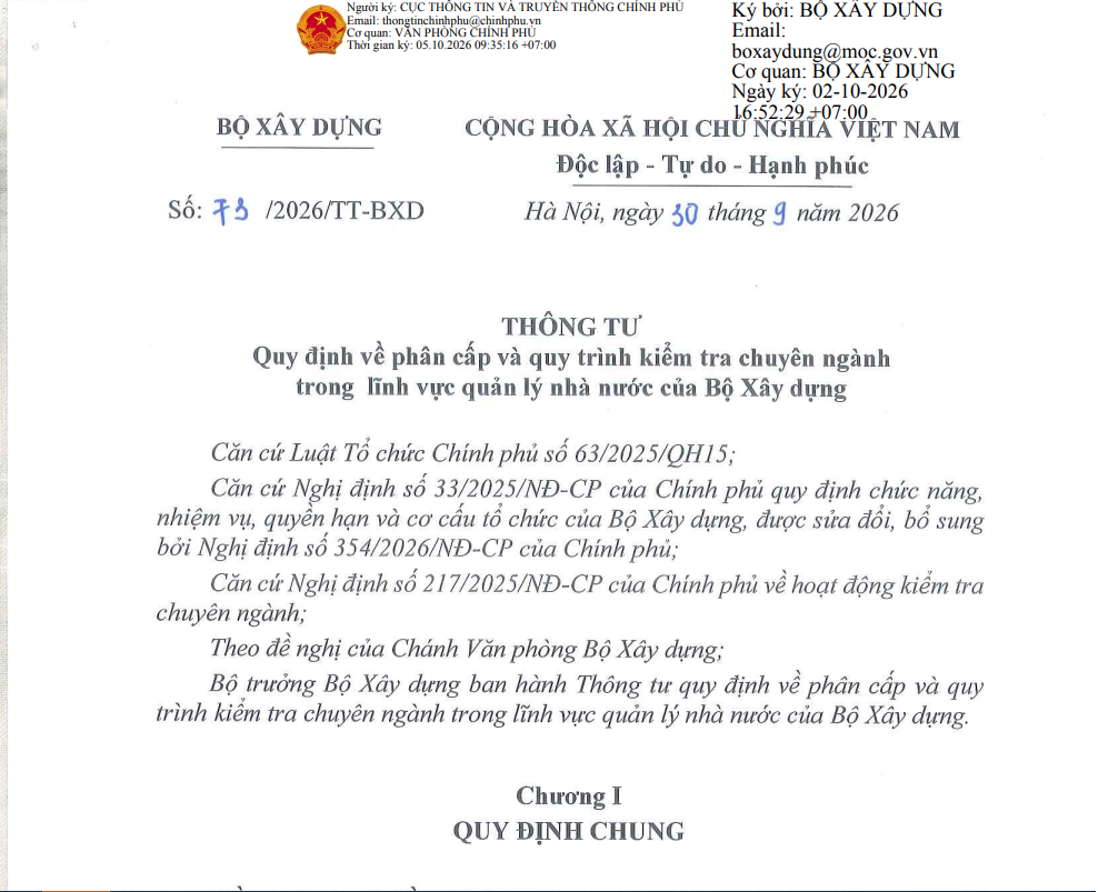 Quy định về phân cấp thẩm quyền kiểm tra chuyên ngành trong lĩnh vực  quản lý nhà nước của Bộ Xây dựng