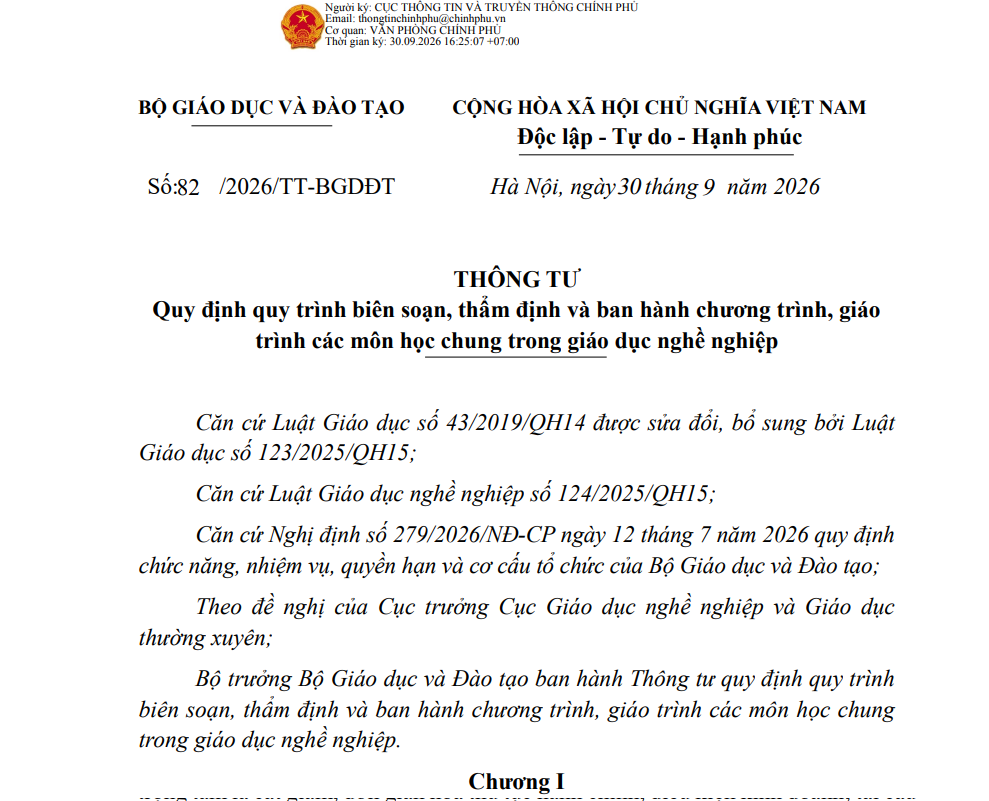 Quy định quy trình biên soạn, thẩm định và ban hành chương trình, giáo trình các môn học chung trong giáo dục nghề nghiệp
