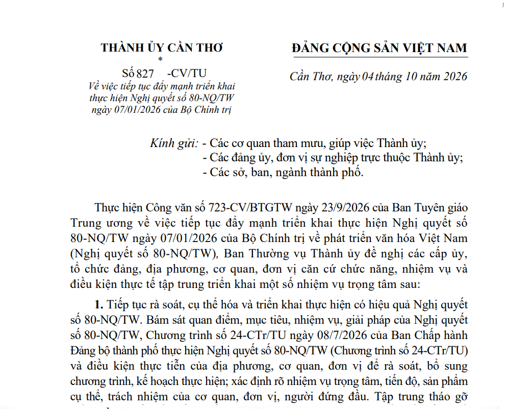 Triển khai Công văn số 827-CV/TU, ngày 04/10/2026 của Thành ủy thành phố Cần Thơ