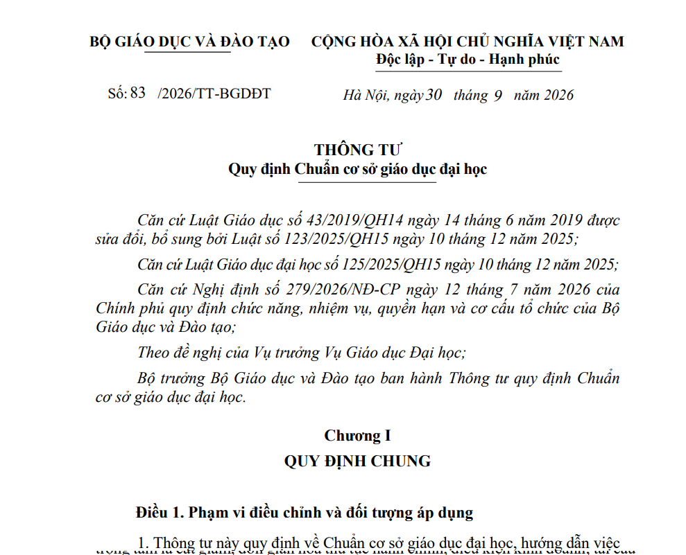 Quy định Chuẩn cơ sở giáo dục đại học