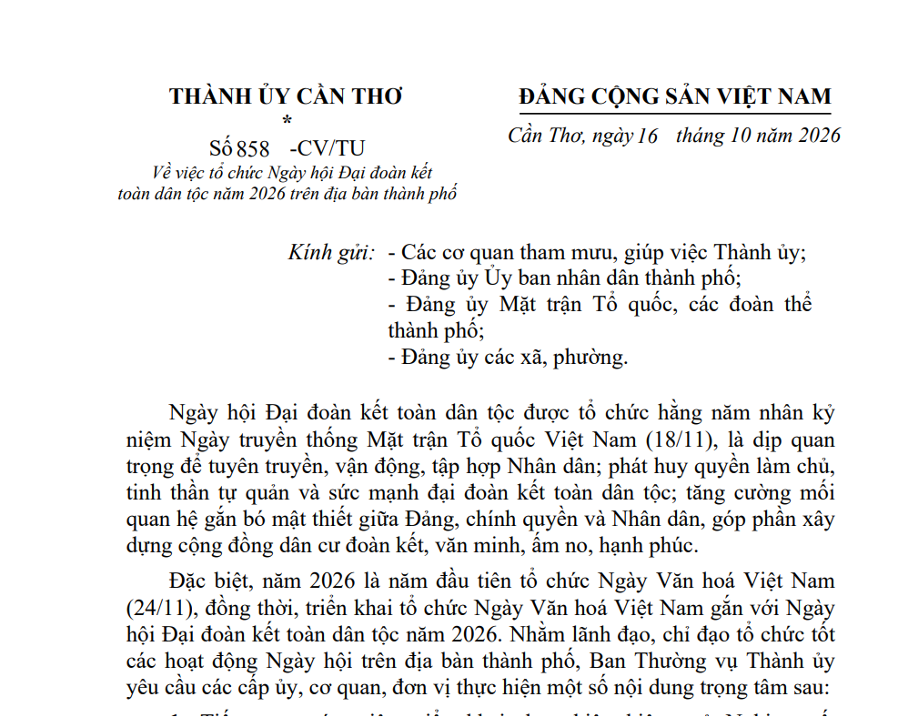 Triển khai Công văn số 858-CV/TU ngày 16/10/2026 của Thành ủy Cần Thơ