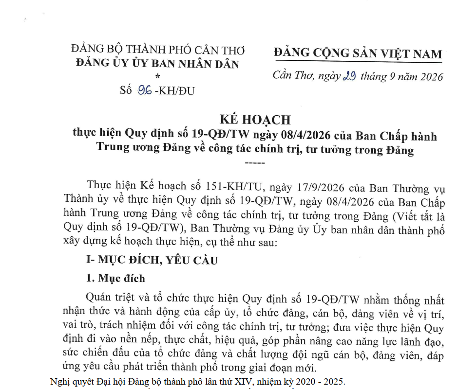 Kế hoạch số 96-KH/ĐU ngày 29/9/2026 của Đảng ủy UBND thành phố Cần Thơ