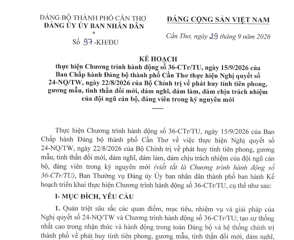 Cần Thơ quy định về phát huy tính tiên phong, gương mẫu, tinh thần đổi mới, dám nghĩ, dám làm, dám chịu trách nhiệm của đội ngũ cán bộ, đảng viên trong kỷ nguyên mới