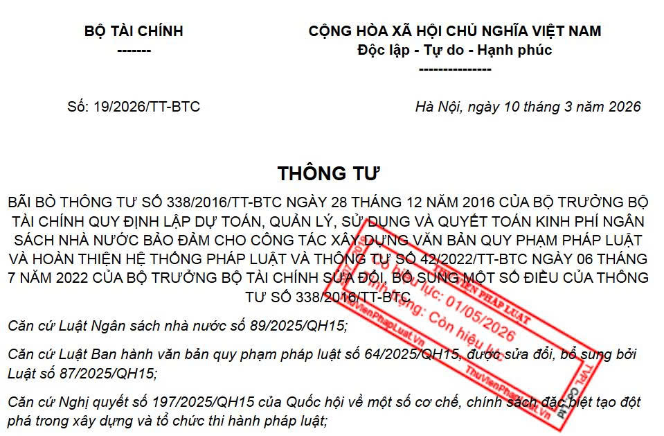BÃI BỎ THÔNG TƯ SỐ 338/2016/TT-BTC NGÀY 28 THÁNG 12 NĂM 2016 CỦA BỘ TRƯỞNG BỘ TÀI CHÍNH