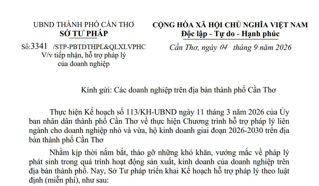 Công văn số 3341/STP-PBTDTHPL&QLXLVPHC ngày 04 tháng 9 năm 2026 về việc tiếp nhận, hỗ trợ pháp lý của doanh nghiệp 