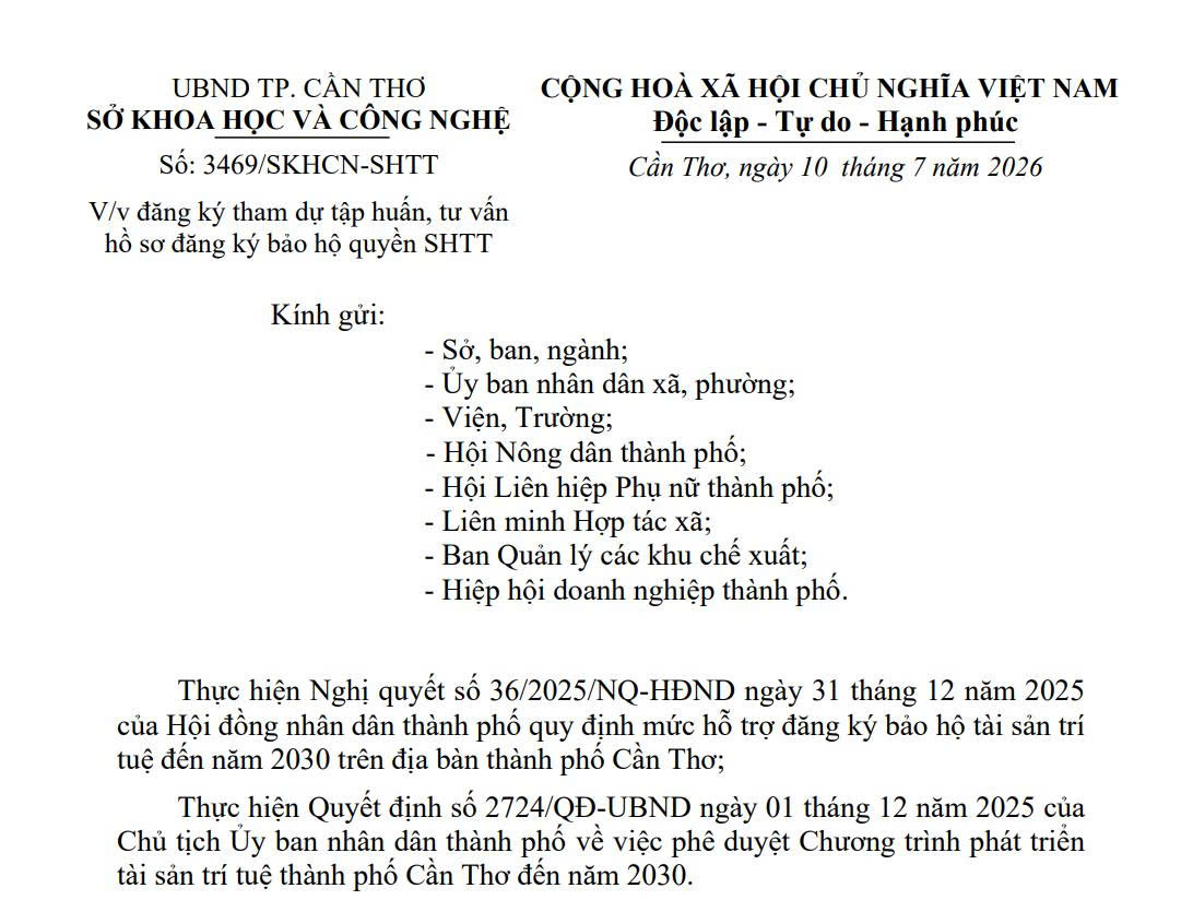 Đăng ký tham dự tập huấn, tư vấn hồ sơ đăng ký bảo hộ quyền sở hữu trí tuệ