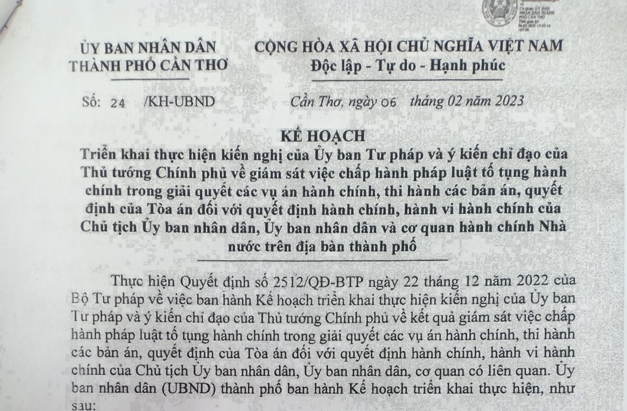  Triển khai thực hiện kiến nghị của Ủy ban Tư pháp và ý kiến chỉ đạo của Thủ tướng Chính phủ về giám sát việc chấp hành pháp luật tố tụng hành chính trong giải quyết các vụ án hành chính, thi hành các bản án, quyết định của Tòa án đối với quyết định hành 