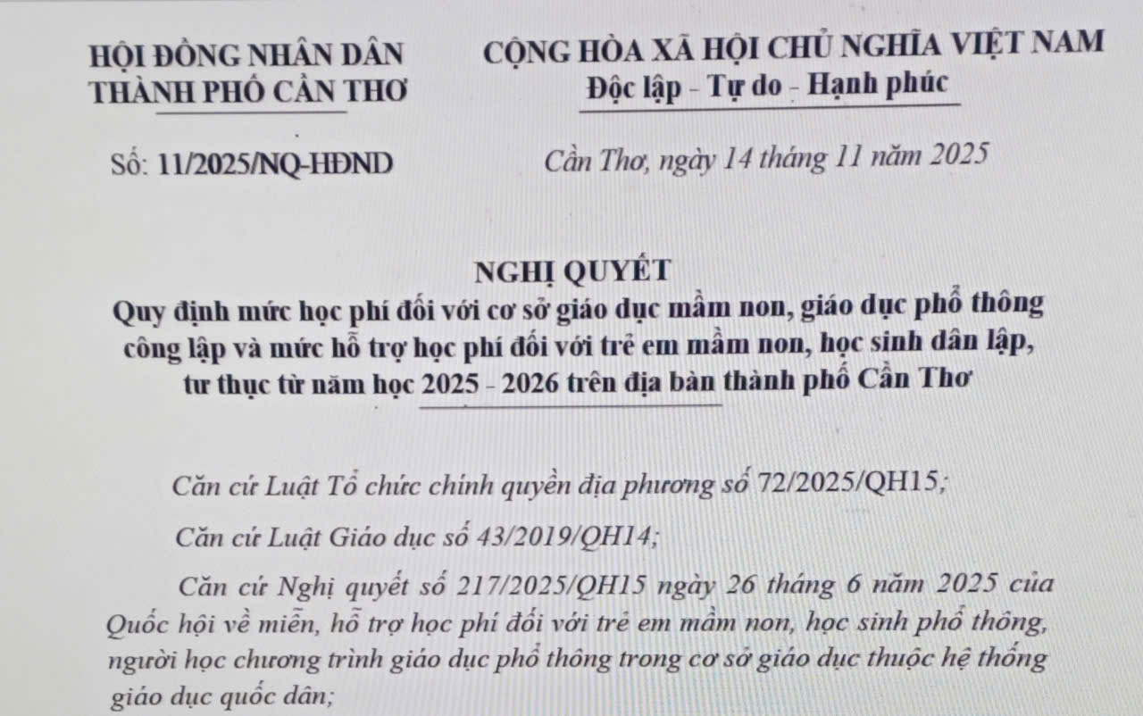 Mức học phí đối với cơ sở giáo dục mầm non, giáo dục phổ thông  công lập và mức hỗ trợ học phí đối với trẻ em mầm non, học sinh dân lập,  tư thục từ năm học 2025 - 2026 trên địa bàn thành phố Cần Thơ 