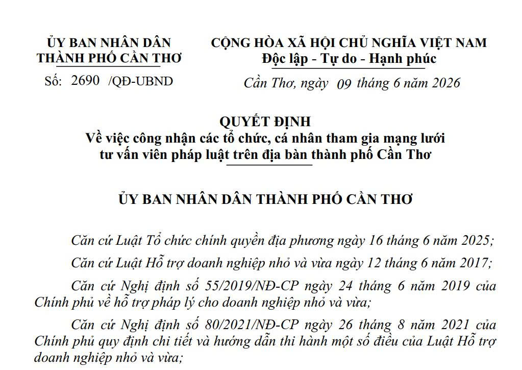 Quyết định số 2609/QĐ-UBND ngày tháng 6 năm 2026 việc công nhận các tổ chức, cá nhân tham gia mạng lưới tư vấn viên pháp luật trên địa bàn thành phố Cần Thơ