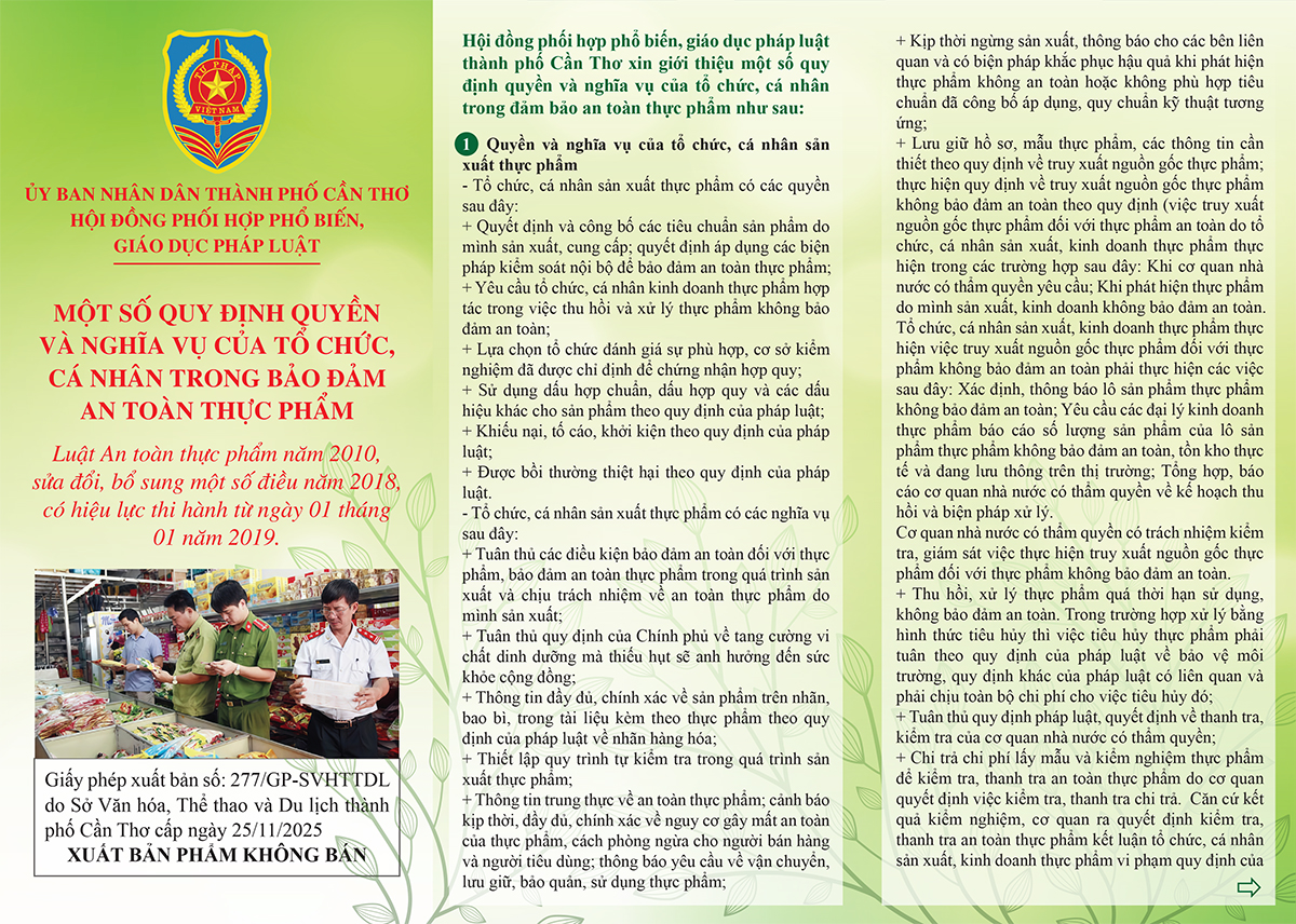 MỘT SỐ QUY ĐỊNH QUYỀN VÀ NGHĨA VỤ CỦA TỔ CHỨC, CÁ NHÂN TRONG BẢO ĐẢM AN TOÀN THỰC PHẨM