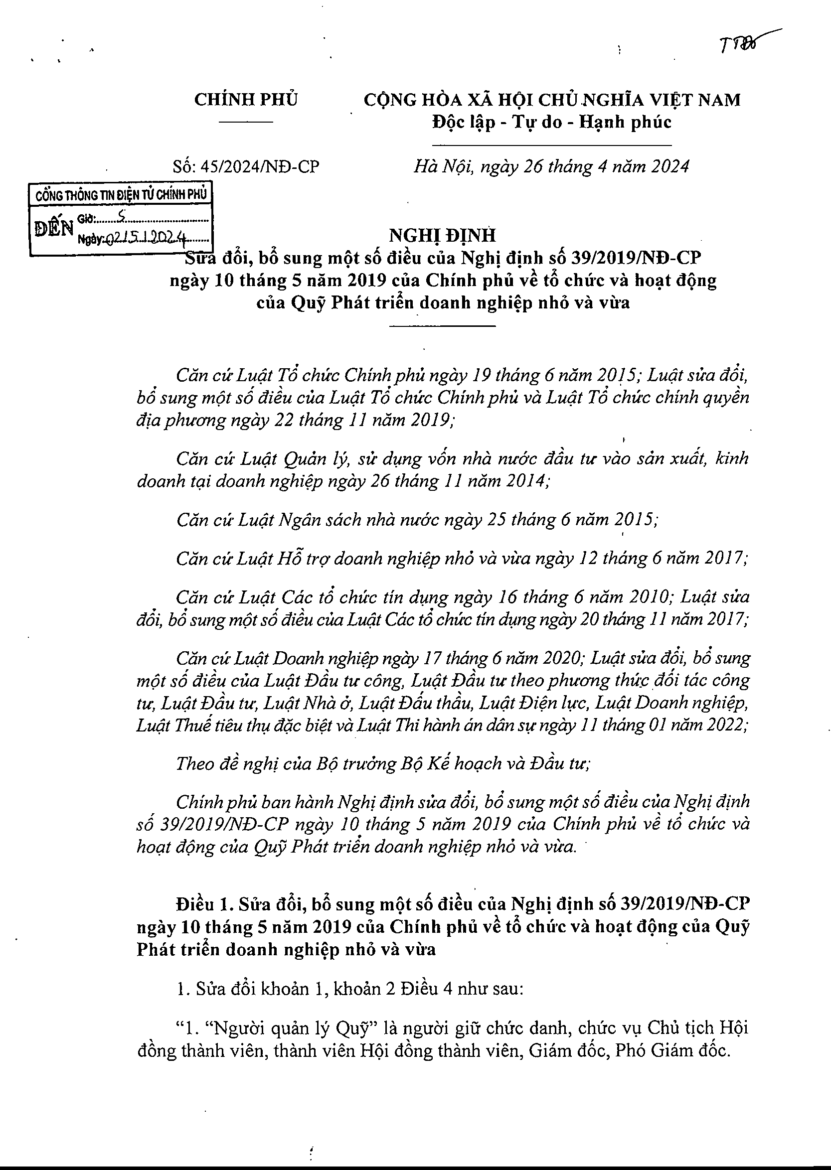 Nghị định số 45/2024/NĐ-CP sửa đổi, bổ sung một số điều của Nghị định số 39/2019/NĐ-CP ngày 10 tháng 5 năm 2019 của Chính phủ về tổ chức và hoạt động của Quỹ Phát triển doanh nghiệp nhỏ và vừa