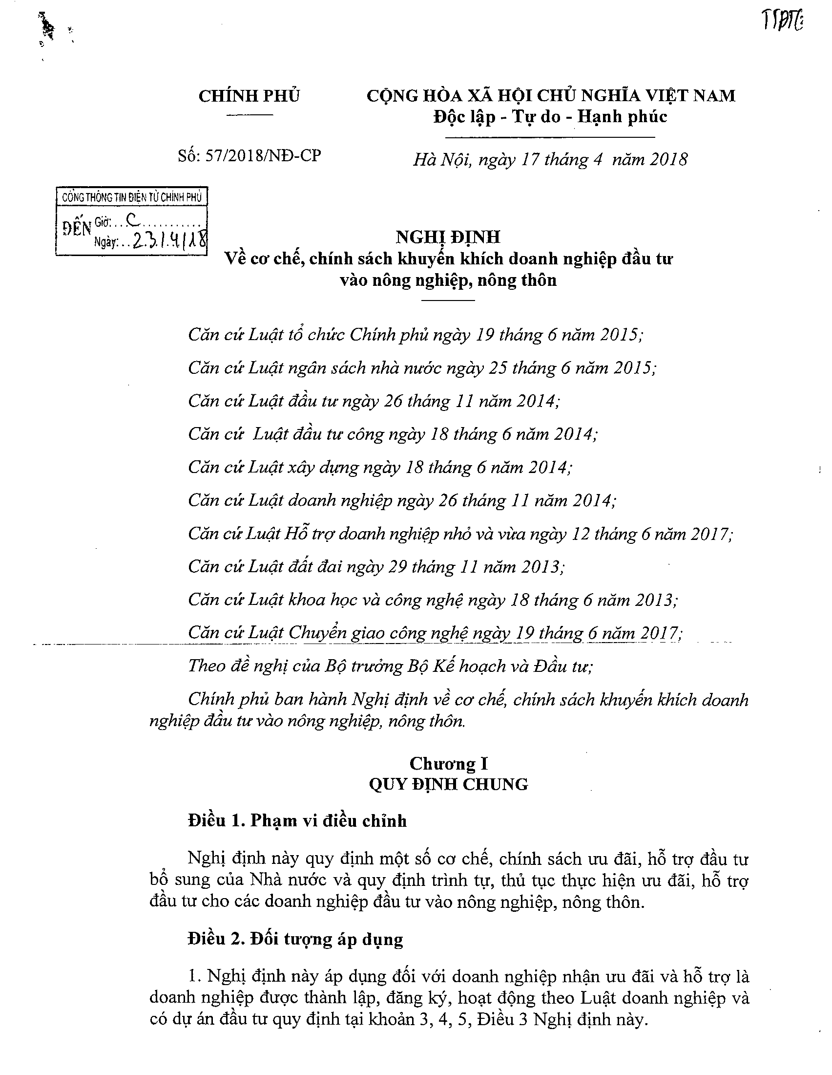 Nghị định số 57/2018/NĐ-CP Về cơ chế, chính sách khuyến khích doanh nghiệp đầu tư vào nông nghiệp, nông thôn