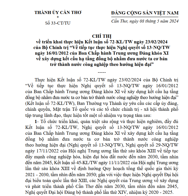 Chỉ thị số 33-CT/TU ngày 08/5/2024 của Thành ủy thành phố Cần Thơ
