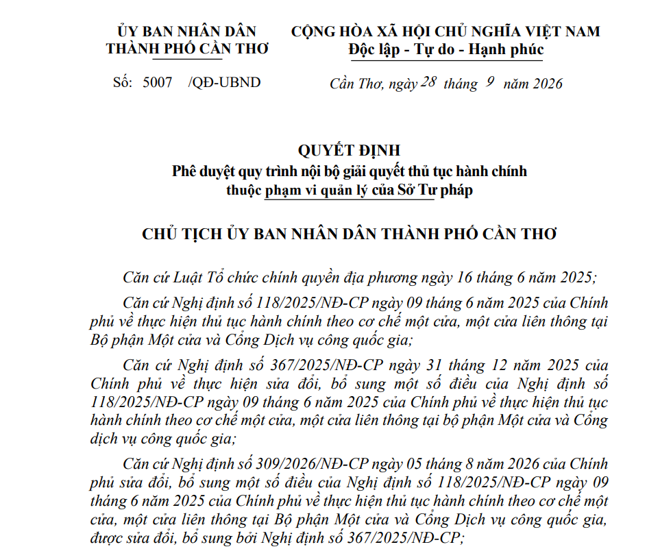 Quy trình nội bộ giải quyết thủ tục hành chính thuộc phạm vi quản lý của Sở Tư pháp